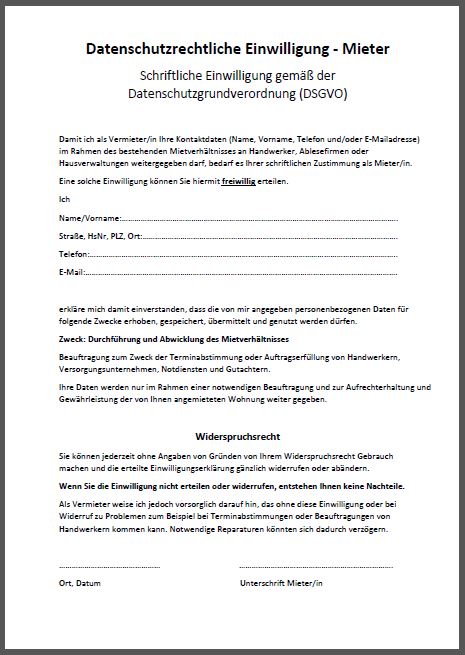 Muster Datenschutzrechtliche Einwilligungserklärung Mieter
