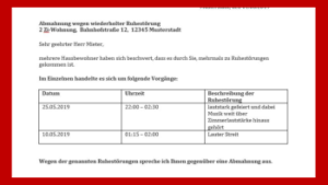 schriftliche Abmahnung wegen Ruhestörung