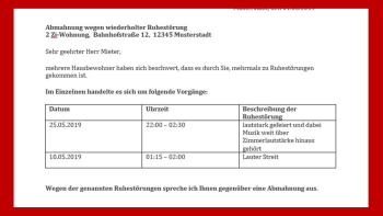 schriftliche Abmahnung wegen Ruhestörung