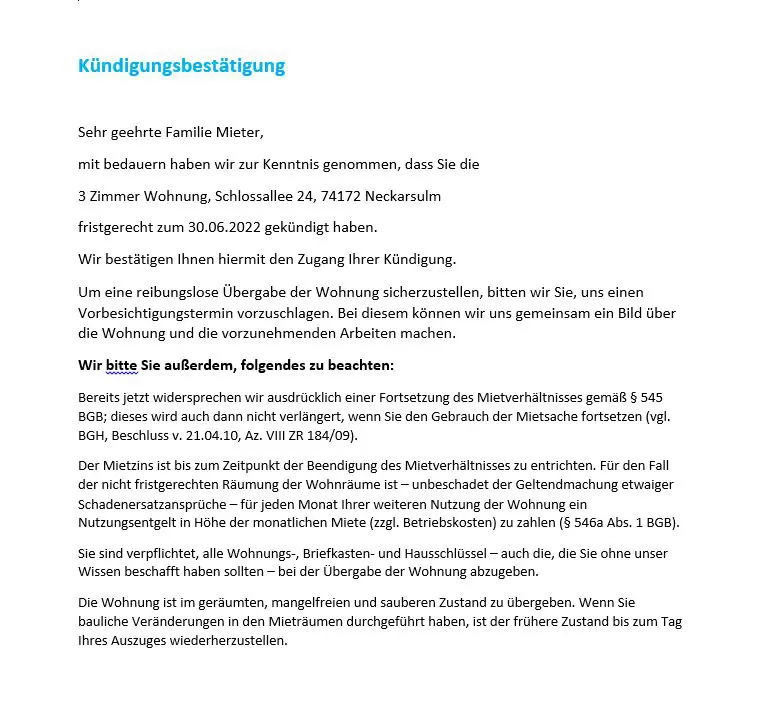 Kündigungsbestätigung Wohnung