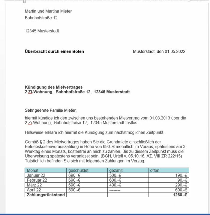 Muster Kündigung Zahlungsverzug