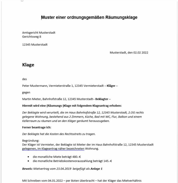Muster einer ordnungsgemäßen Räumungsklage