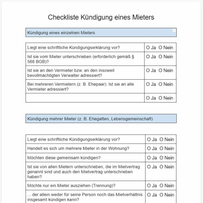 Checkliste Kündigung eines Mieters