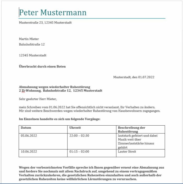 Erneute Abmahnung Ruhestörung