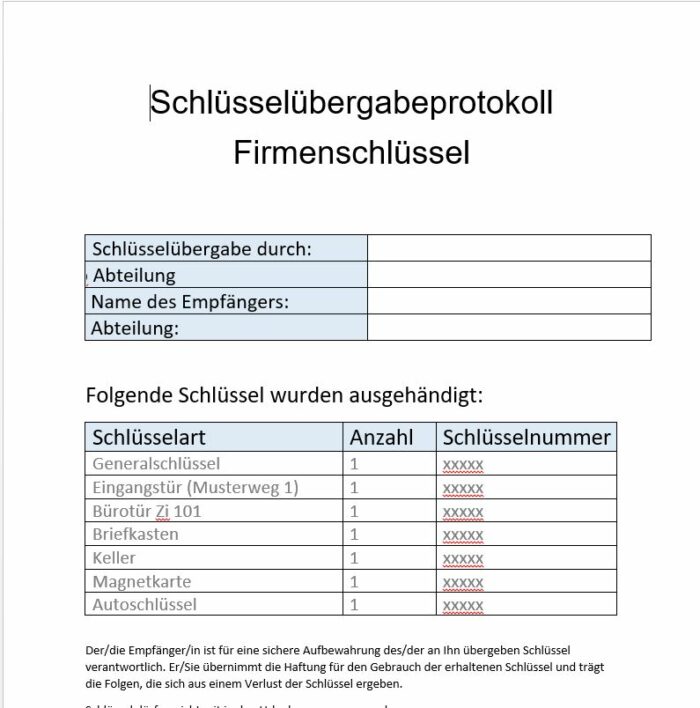 Muster Vorlage Schlüsselübergabeprotokoll Firmenschlüssel