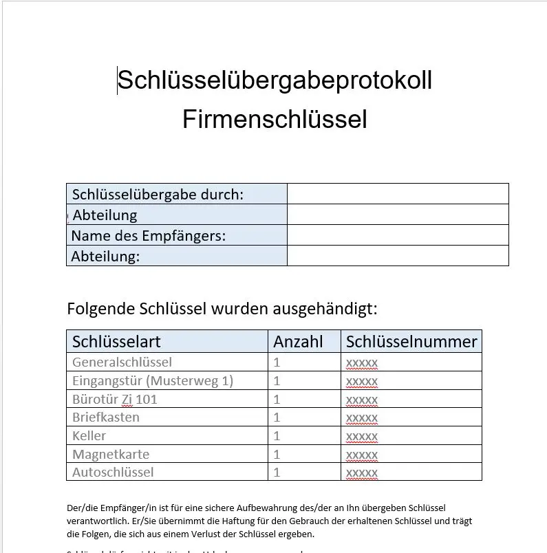 Muster Vorlage Schlüsselübergabeprotokoll Firmenschlüssel