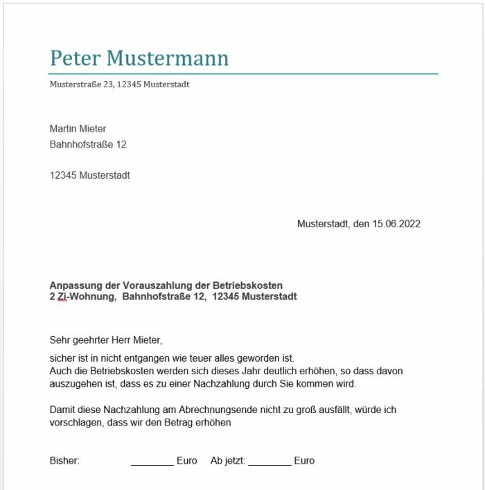 Muster Vorlage Schreiben individuelle Nebenkostenerhöhung