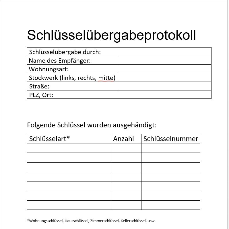 Vorlage Muster Schlüsselübergabeprotokoll