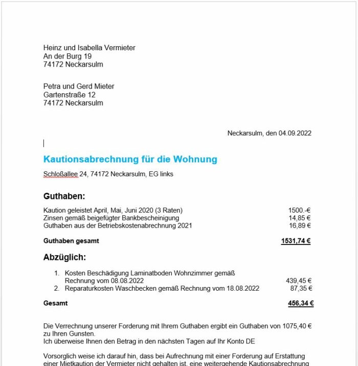 Das beste I I ᐅ Kautionsabrechnung Muster Vorlage 2022 als Word Download