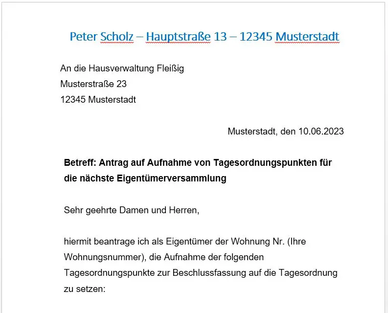 Antrag auf Aufnahme von Tagesordnungspunkten für die nächste Eigentümerversammlung