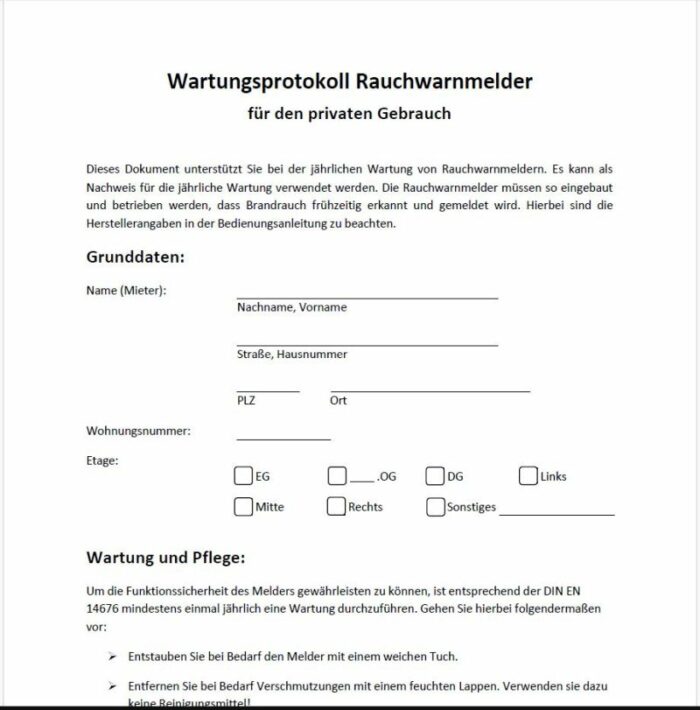 Wartungsprotokoll für Rauchwarnmelder zum downloaden 1 Wartungsprotokoll für Rauchwarnmelder