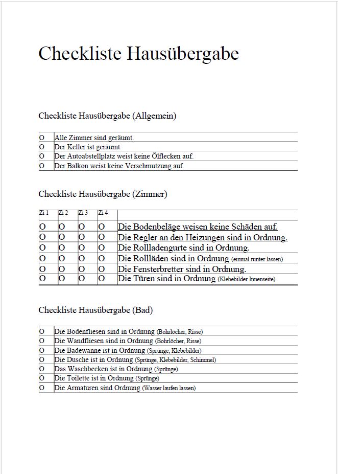 Checkliste Hausübergabe