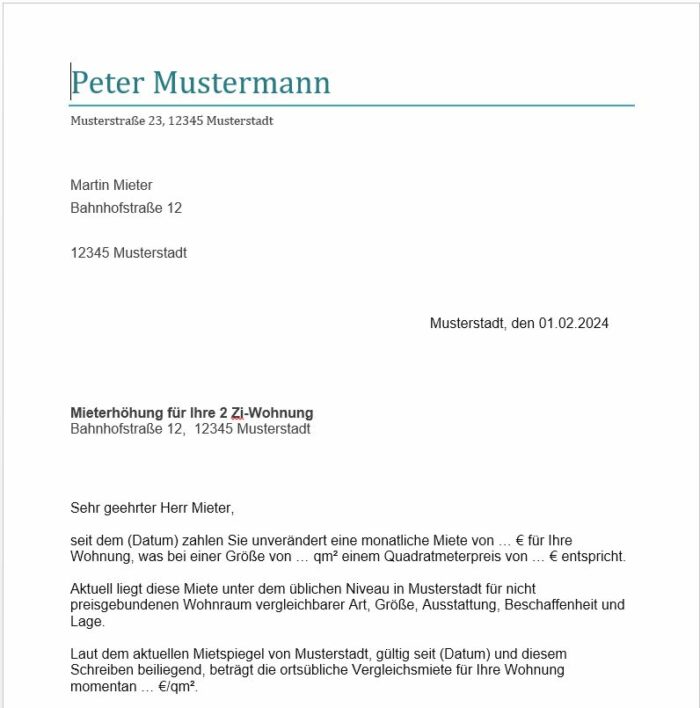 Musterbrief Vorlage Mieterhöhung unter Verweis auf einen Mietspiegel ortsübliche Miete