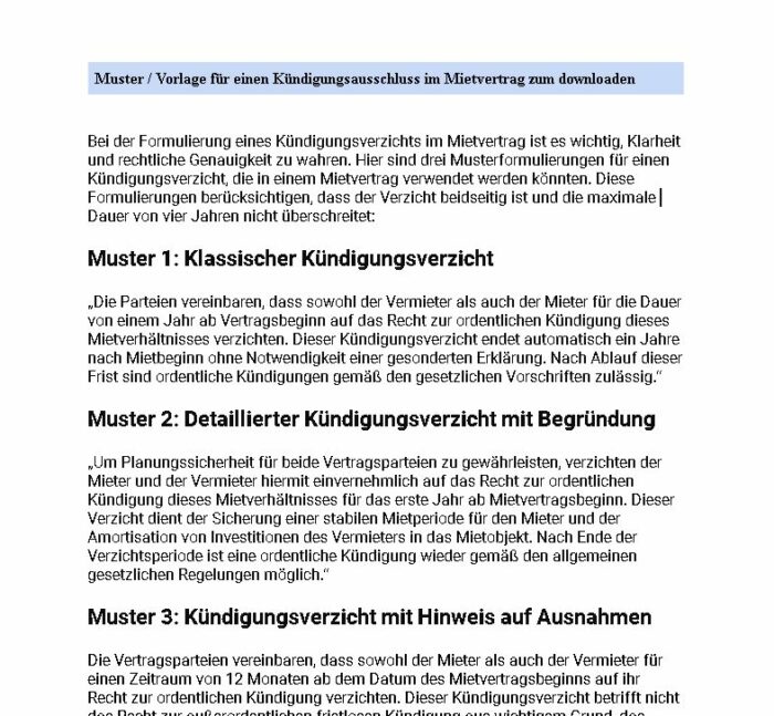 Muster Kündigungsausschluss Mietvertrag 1 Muster Vorlage Kuendigungsverzicht