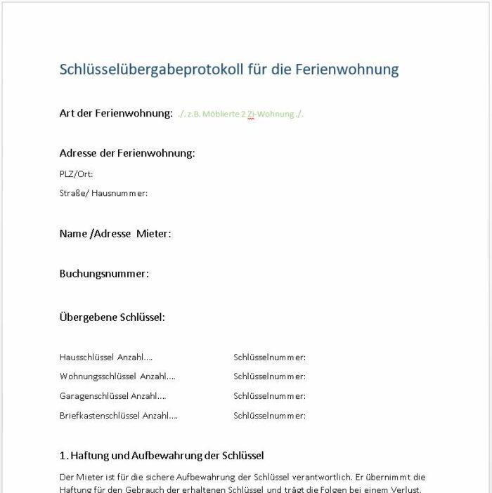 Schlüsselübergabeprotokoll für Feriennwohnungen