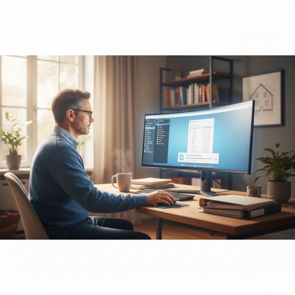 Schlüsselübergabeprotokoll Ein Vermieter sitzt am Computer und downloadet Unterlagen
