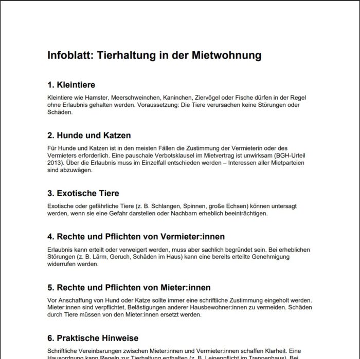 Unterlagen Tierhaltung in einer Mietwohnung 4 Infoblatt Tierhaltung in einer Mietwohnung 2