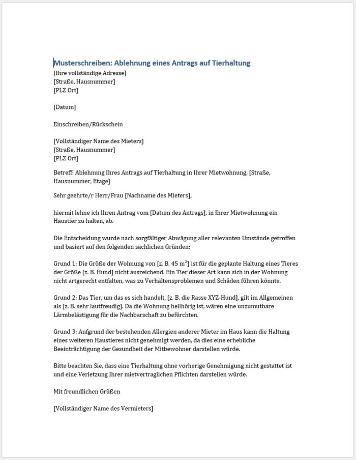 Unterlagen Tierhaltung in einer Mietwohnung 3 Musterschreiben Ablehnung eines Antrages auf Tierhaltung