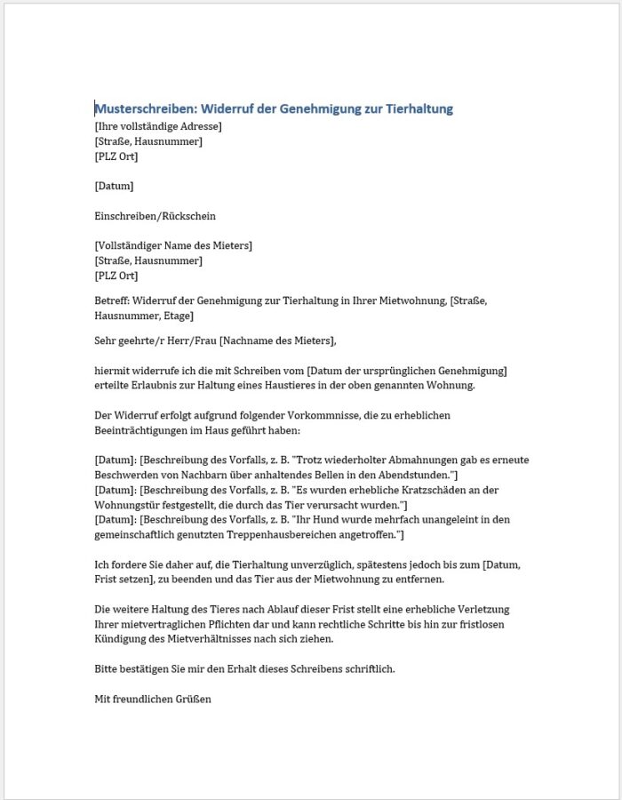 Unterlagen Tierhaltung in einer Mietwohnung 2 Musterschreiben Widerruf der Genehmigung der Tierhaltung